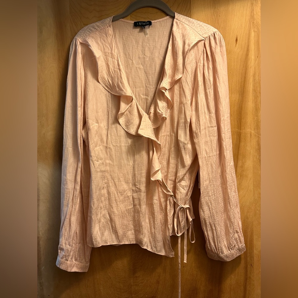 Blouse - wrap style. Brand is 1. State in very pale pink.
